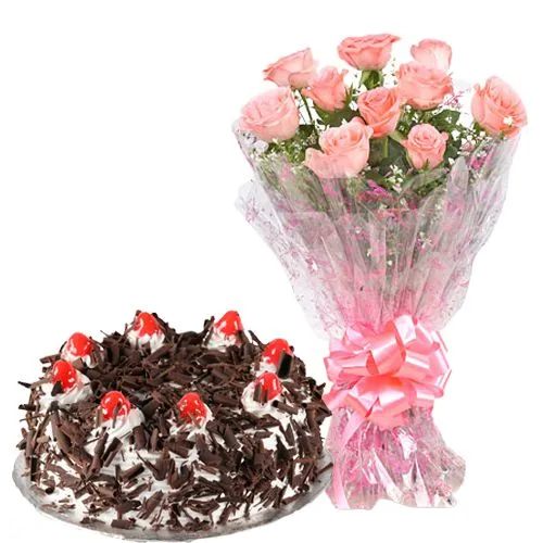 Strawberry Cake and Multi Color Roses Bouquet Combo - Florists In India