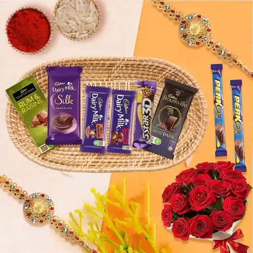 SFU E Com Coockie Delight Basket Gift Hamper | Rakhi Chocolate Gift Hamper  with Premium Rakhi for Brother | Rakhi chocolate Gift for Brother | Roli,  Chawal, Chandan, Misri | 1162 :