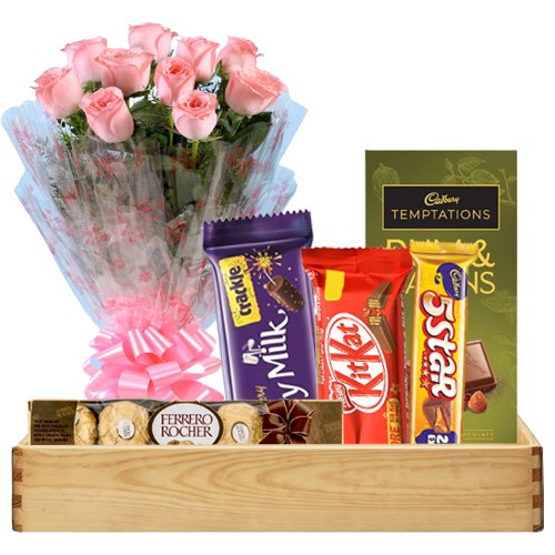 Radiant Pink Rose Bouquet With Chocolates Hamper To Pune Free Shipping