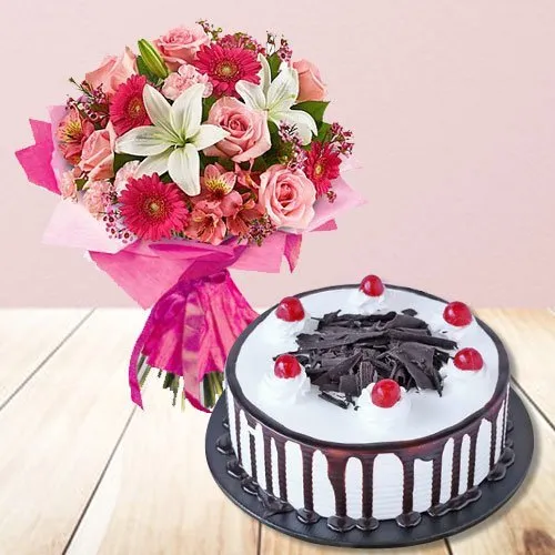 Buy/Send Elegant Vibe Red Roses Bouquet & Pineapple Cake Online- FNP