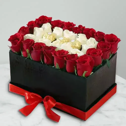 Sending beautiful lilies n roses bouquet with ferrero rocher chocolate box  to Pune, Same Day Delivery - PuneOnlineFlorists