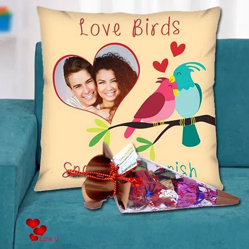 smart personalized cushion with a cone of handmade chocolates Delivery in Pune PuneOnlineFlorists