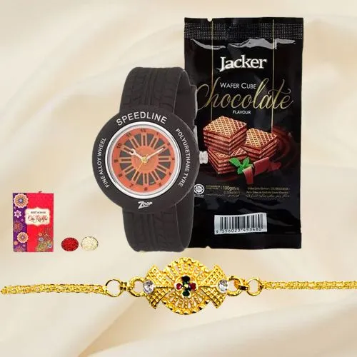 Buy or send Golden OM Watch Rakhi Bracelet with Ferrero Rocher 24 Pcs Box  Online