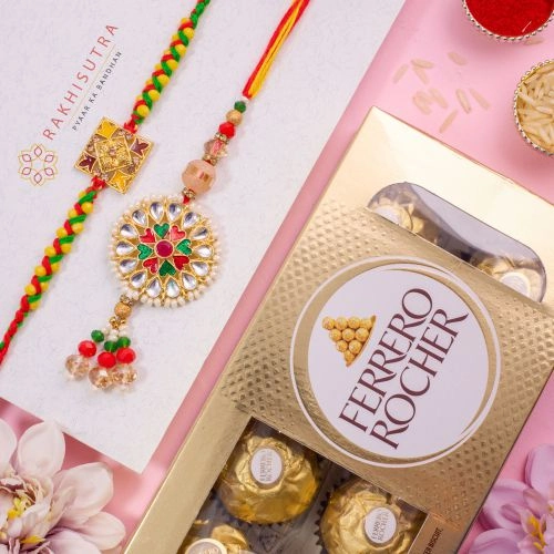 Exclusive Kundan Bhaiya Bhabhi Rakhi Set N Rocher Delight